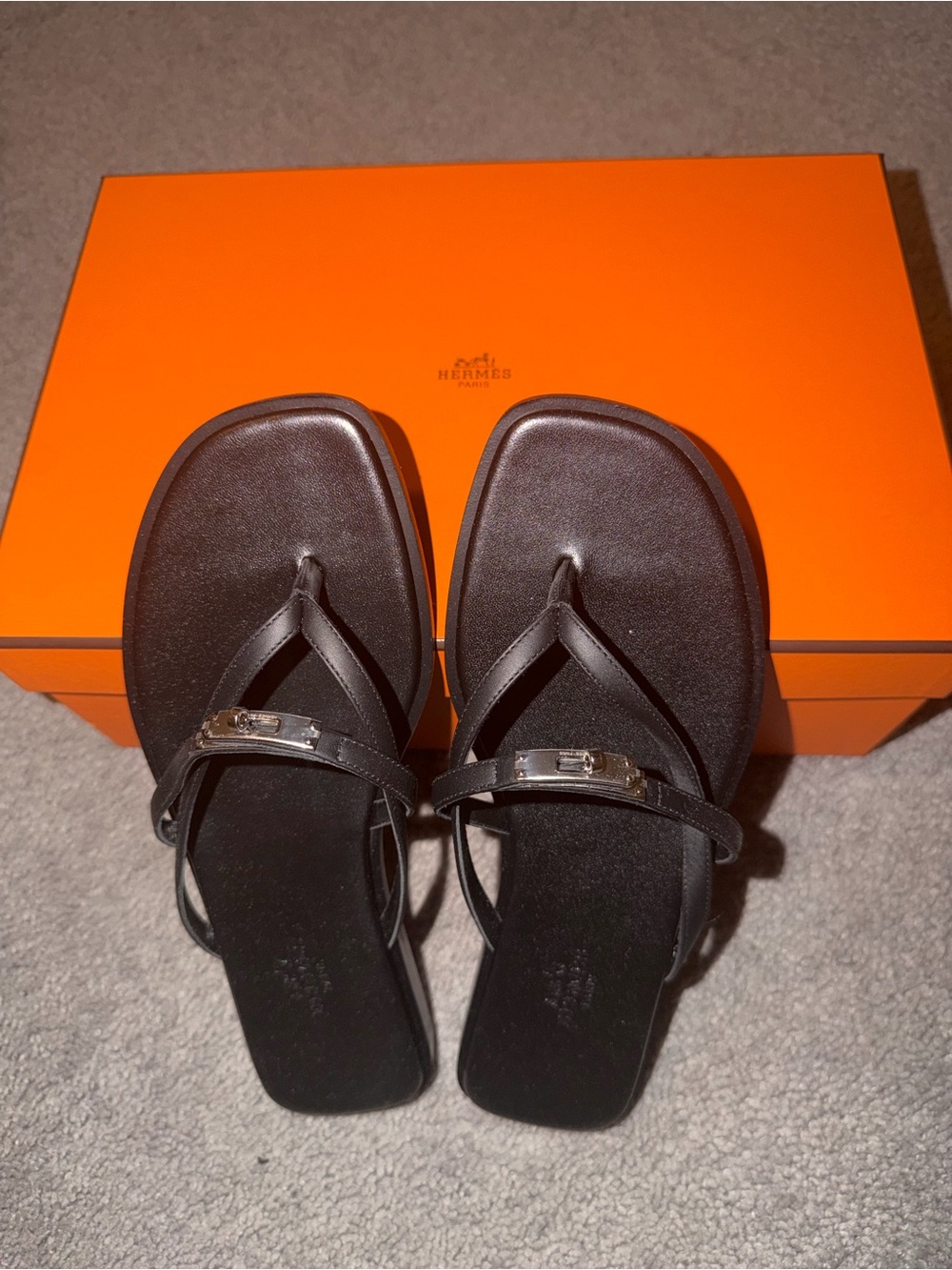 Hermes Black Square-Toe Leather Thong Sandals with Silver-Tone Hardware
